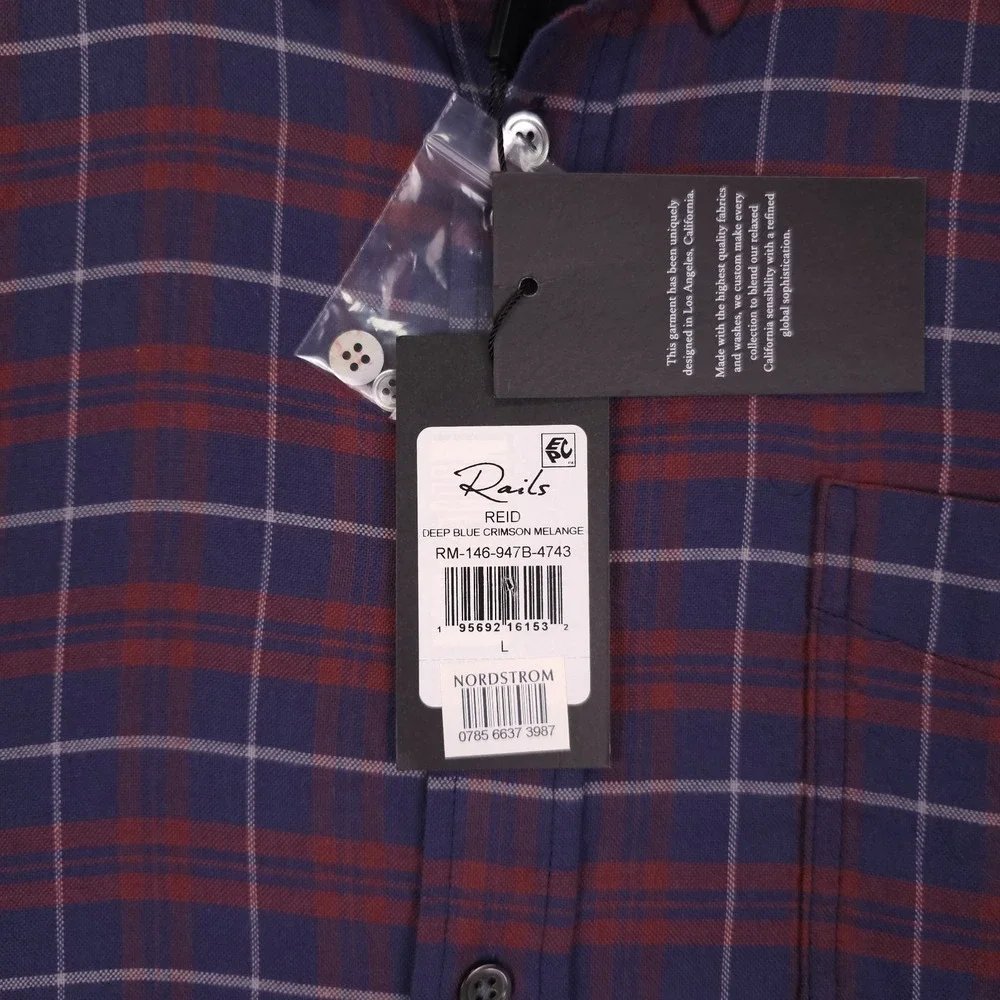 Rails Reid Button Down Shirt Mens Large Blue Red Plaid Melange Flannel NEW